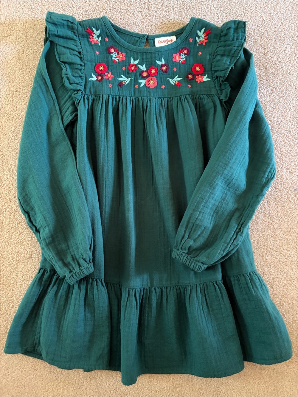 Cat & Jack Teal Green Long-Sleeve Embroidered Ruffle Dress